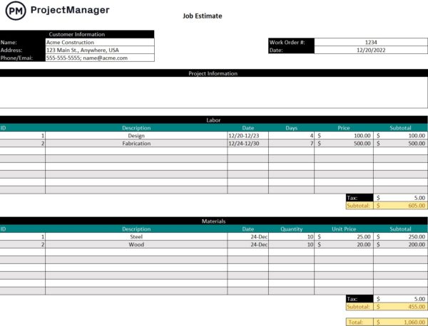 microsoft excel estimate template