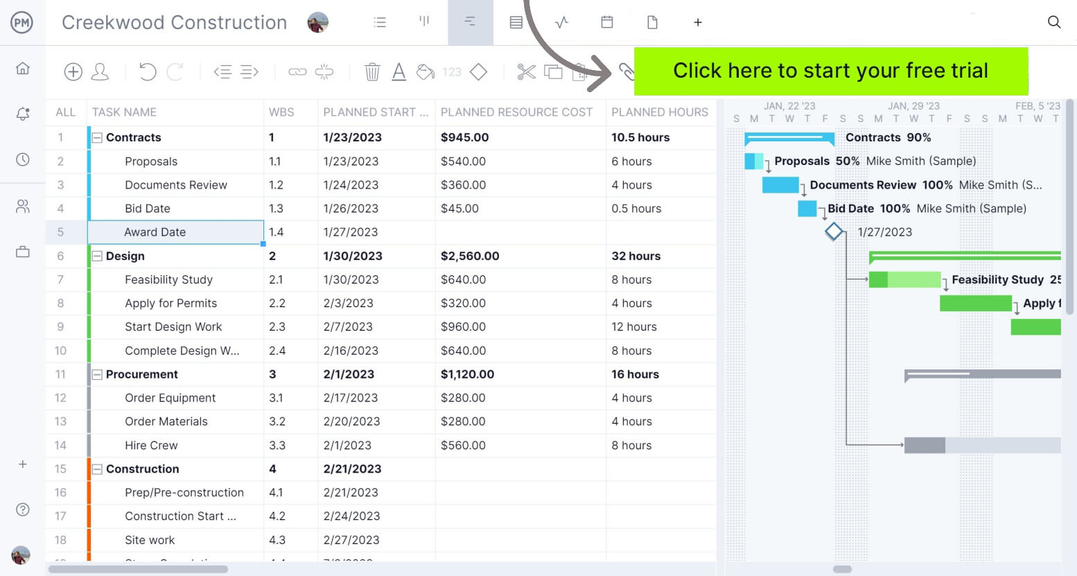 Construction schedule on a ProjectManager Gantt chart