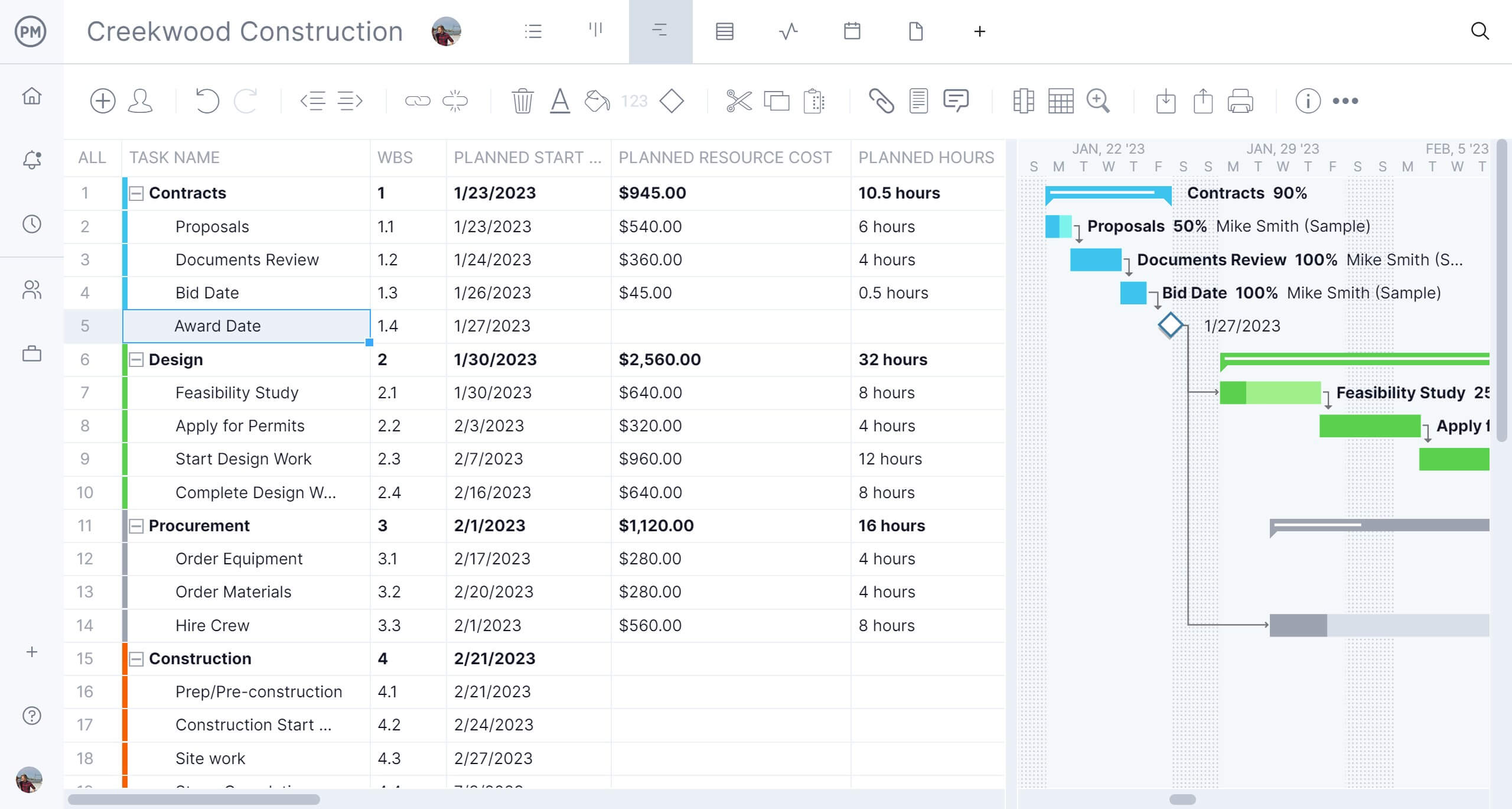 ProjectManager's Gantt chart with construction resource costs