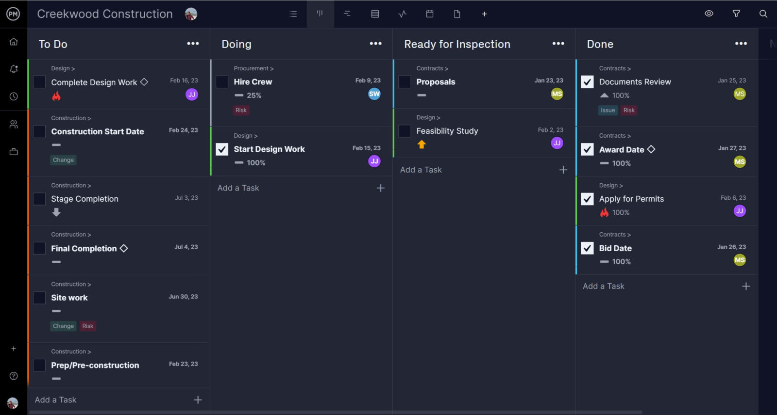 ProjectManager's kanban board lets you track progress with work schedules