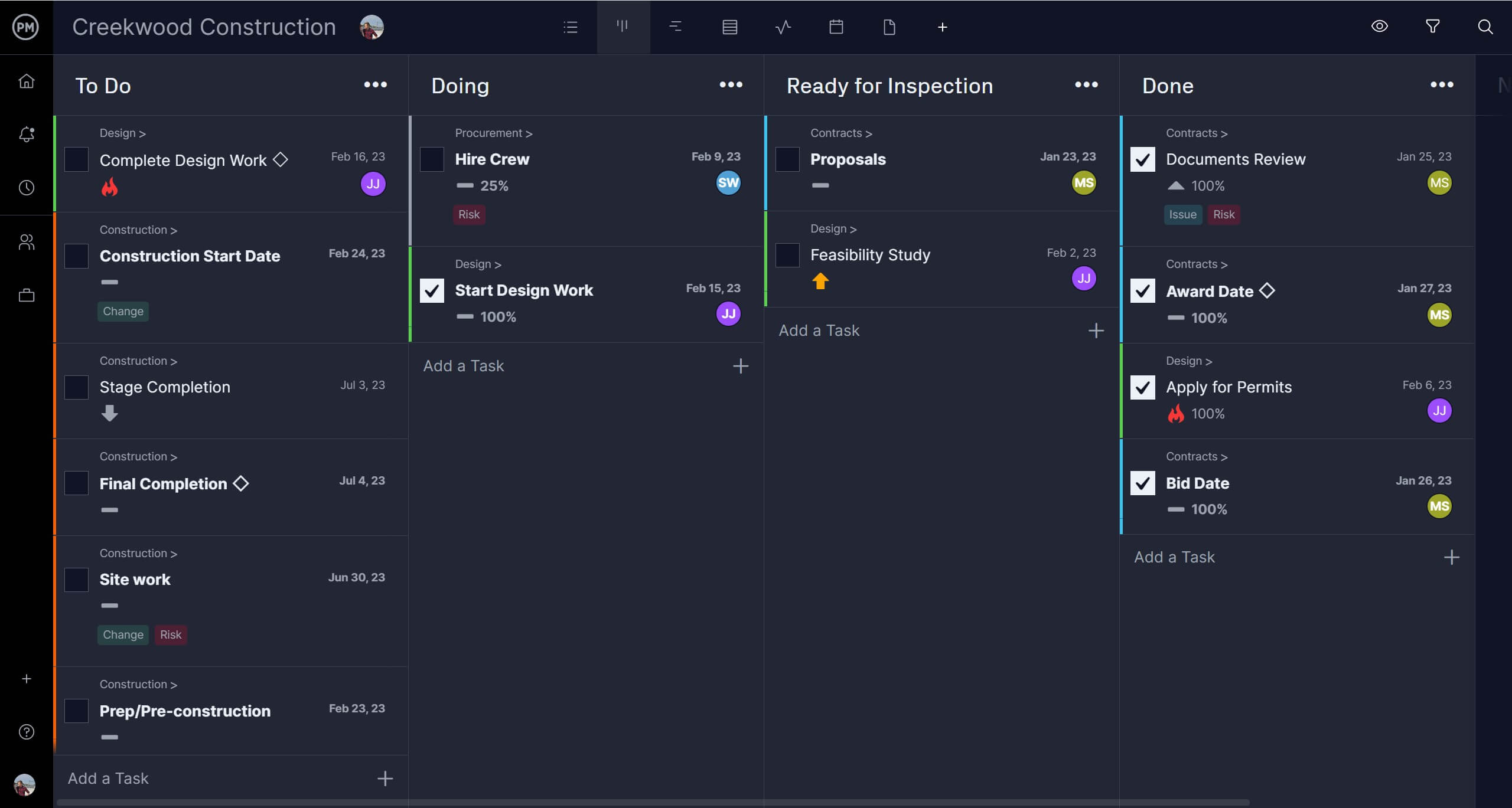 Construction Kanban board in ProjectManager