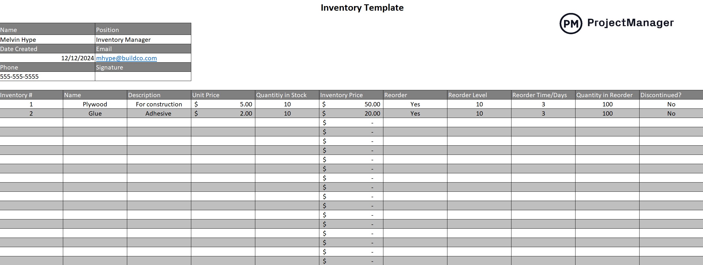 Google Sheets inventory template by ProjectManager