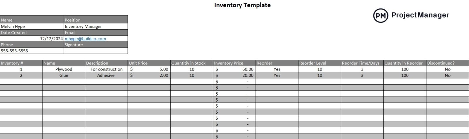 inventory template for Excel