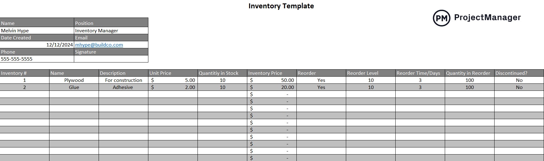 free inventory template for Excel