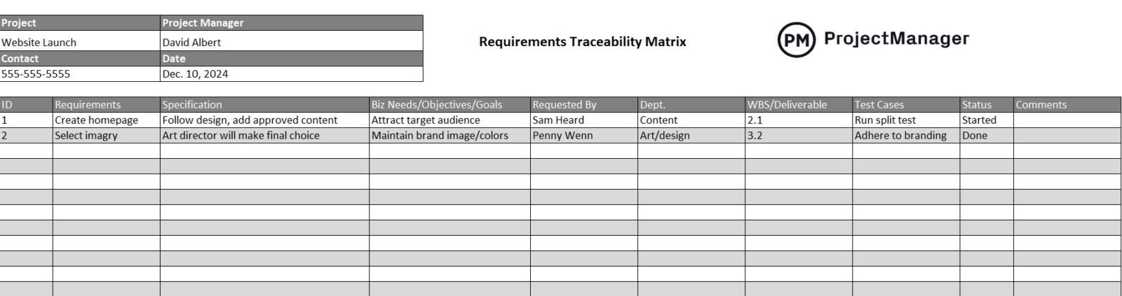 ProjectManager's Requirements Traceability Matrix Template