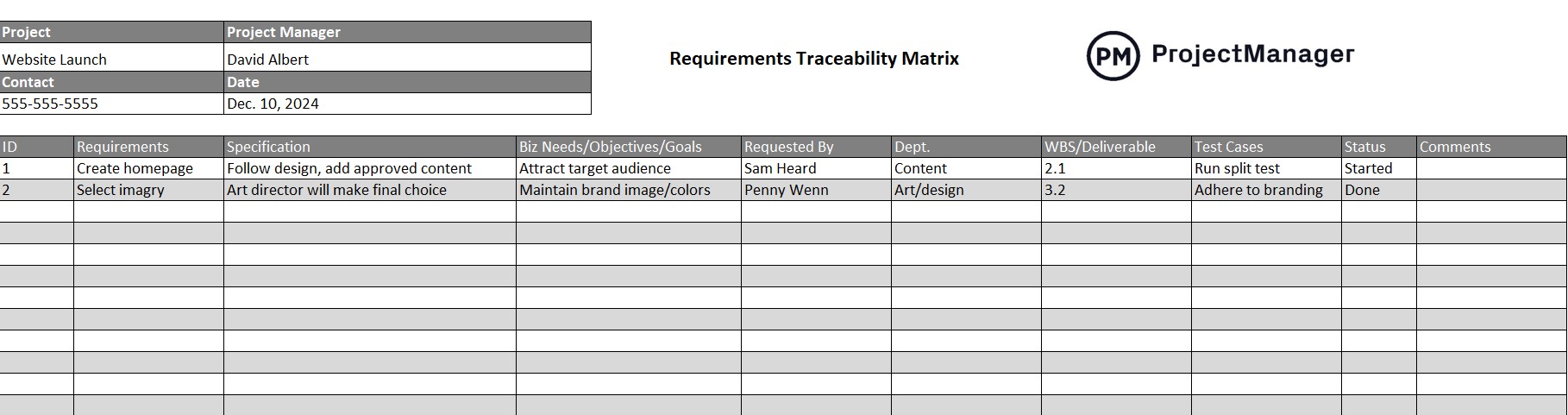 Screenshot of the free requirements traceability matrix template by ProjectManager