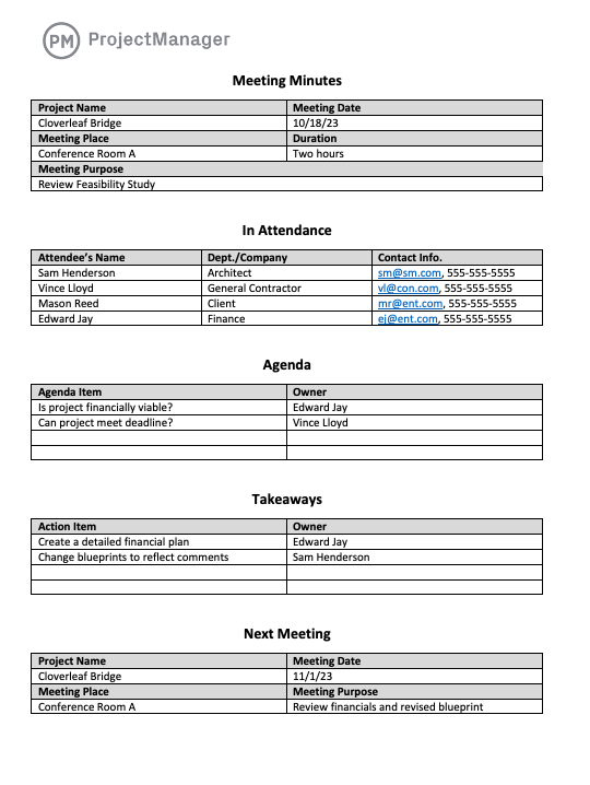 ProjectManager's free meeting minutes template