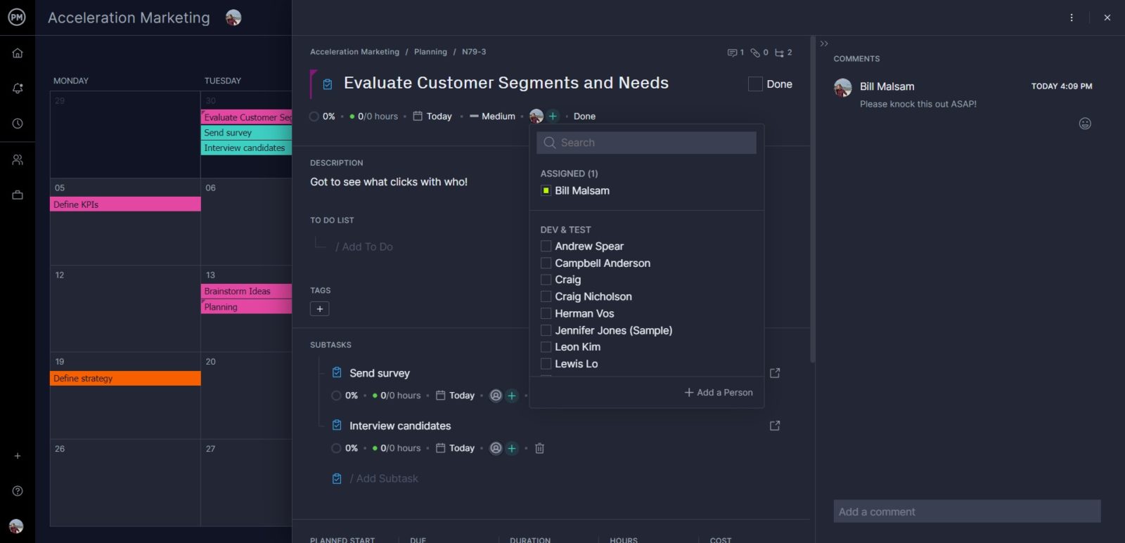 Calendar view with task card in ProjectManager