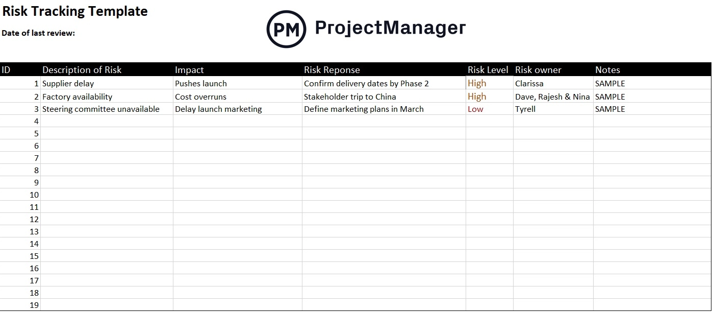 ProjectManager's risk register template, a Manufacturing Excel Template