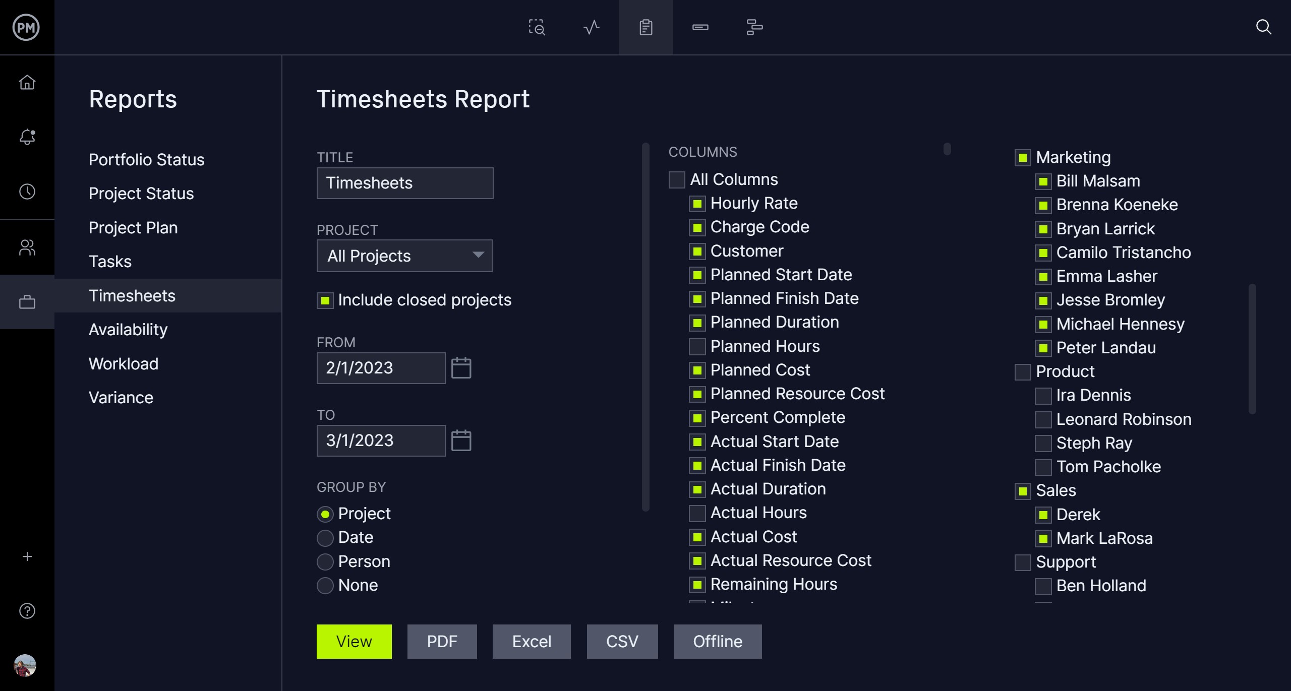 Timesheets in ProjectManager can track logged hours for construction teams