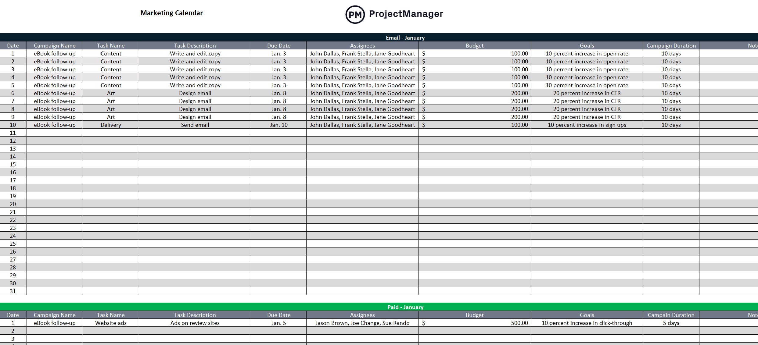Marketing calendar template in ProjectManager