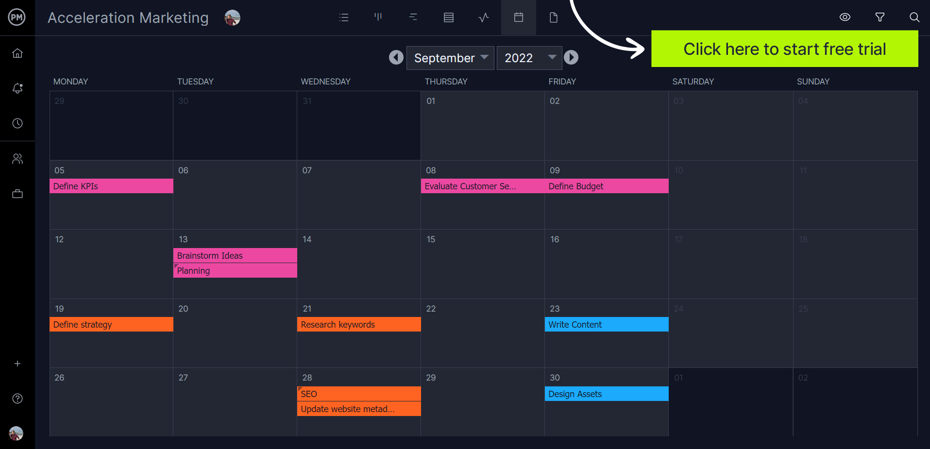 Project calendar template for project management
