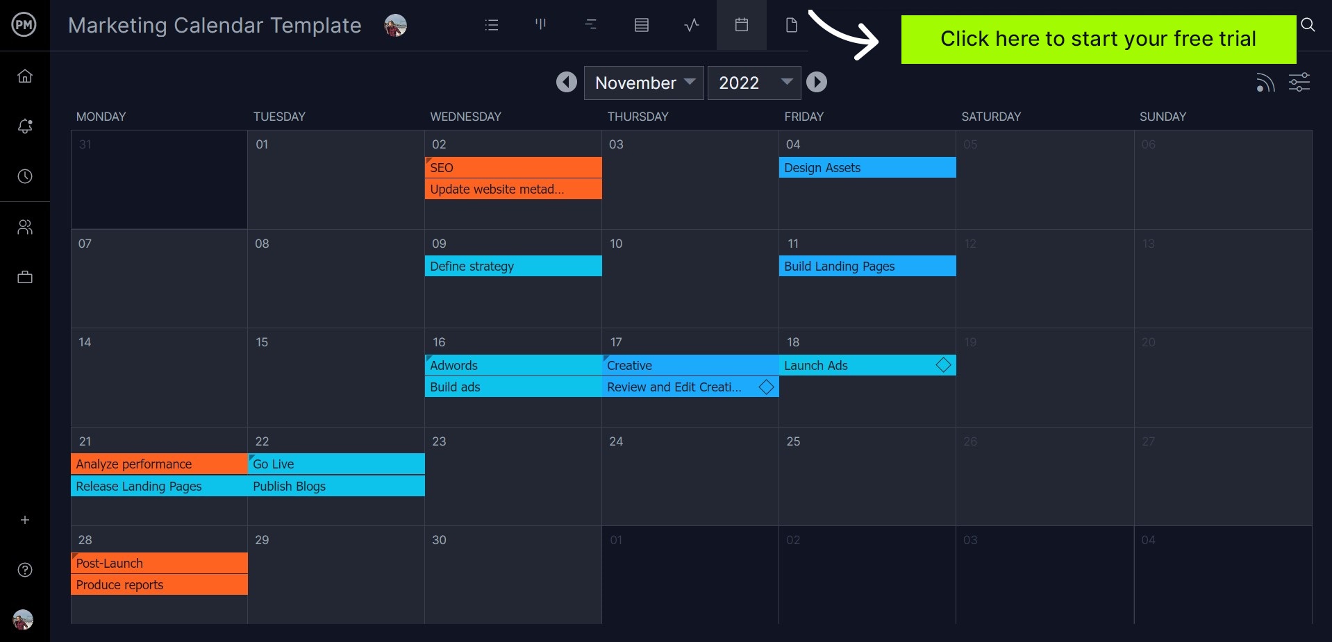 Calendar view in ProjectManager
