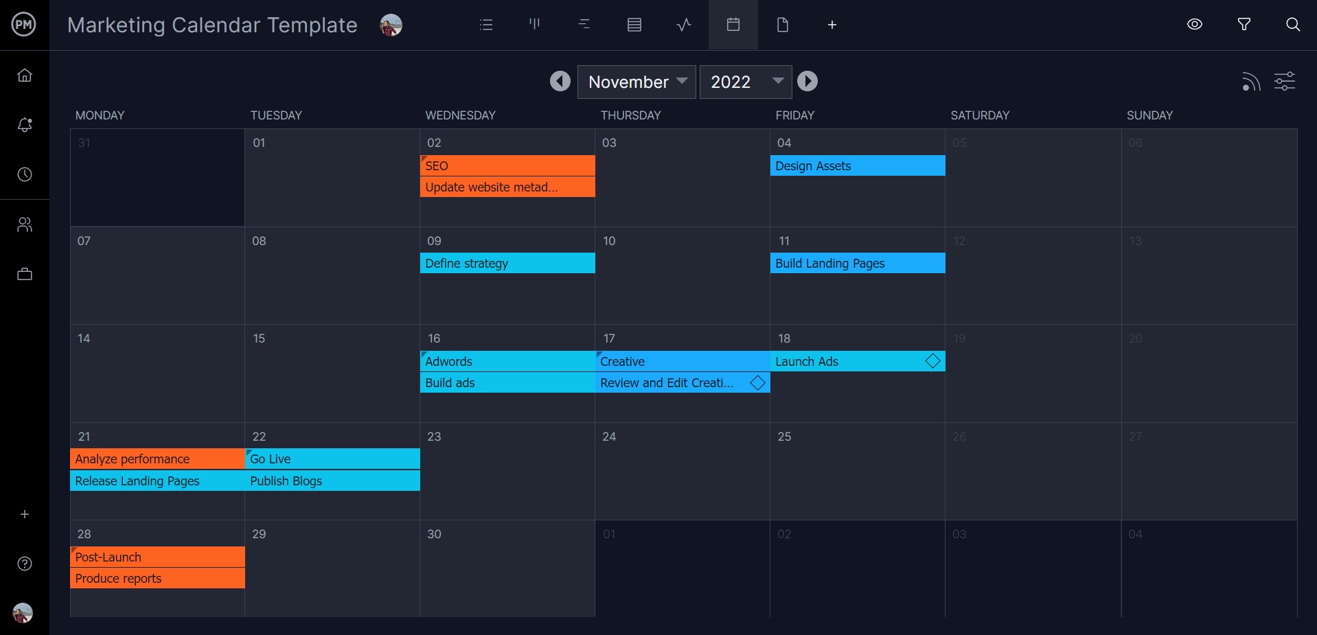 Calendar for tracking strategic plans