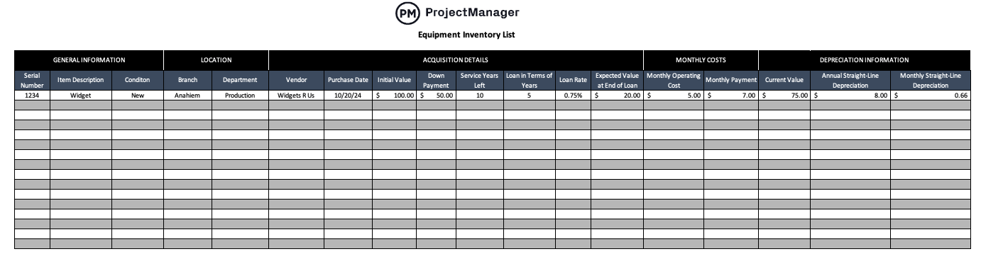 ProjectManager equipment inventory template for Excel