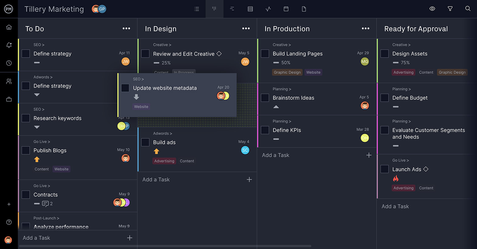Manage projects and programs with ProjectManager's kanban board