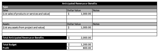 ProjectManager's free budget proposal template for Excel - anticipated revenue section
