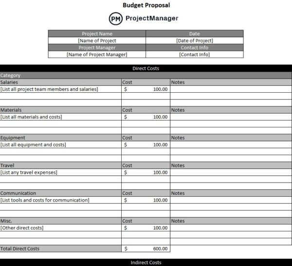 ProjectManager's free budget proposal template for Excel.