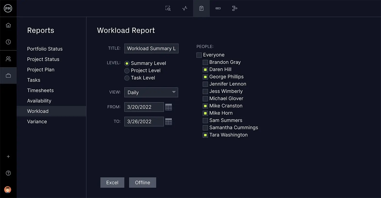 ProjectManager's workload report filter