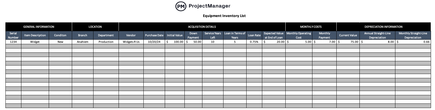 ProjectManager's free equipment inventory template for Excel