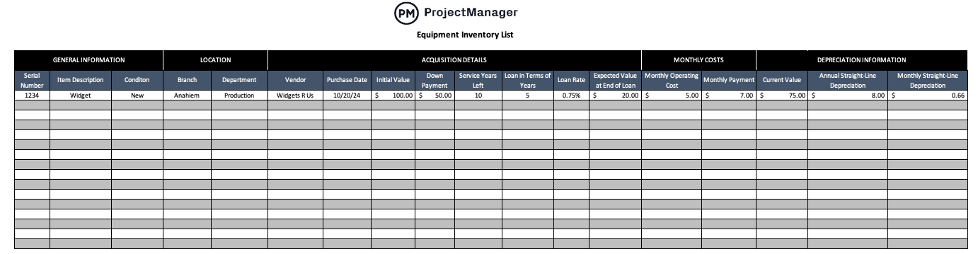 ProjectManager's free equipment inventory list template