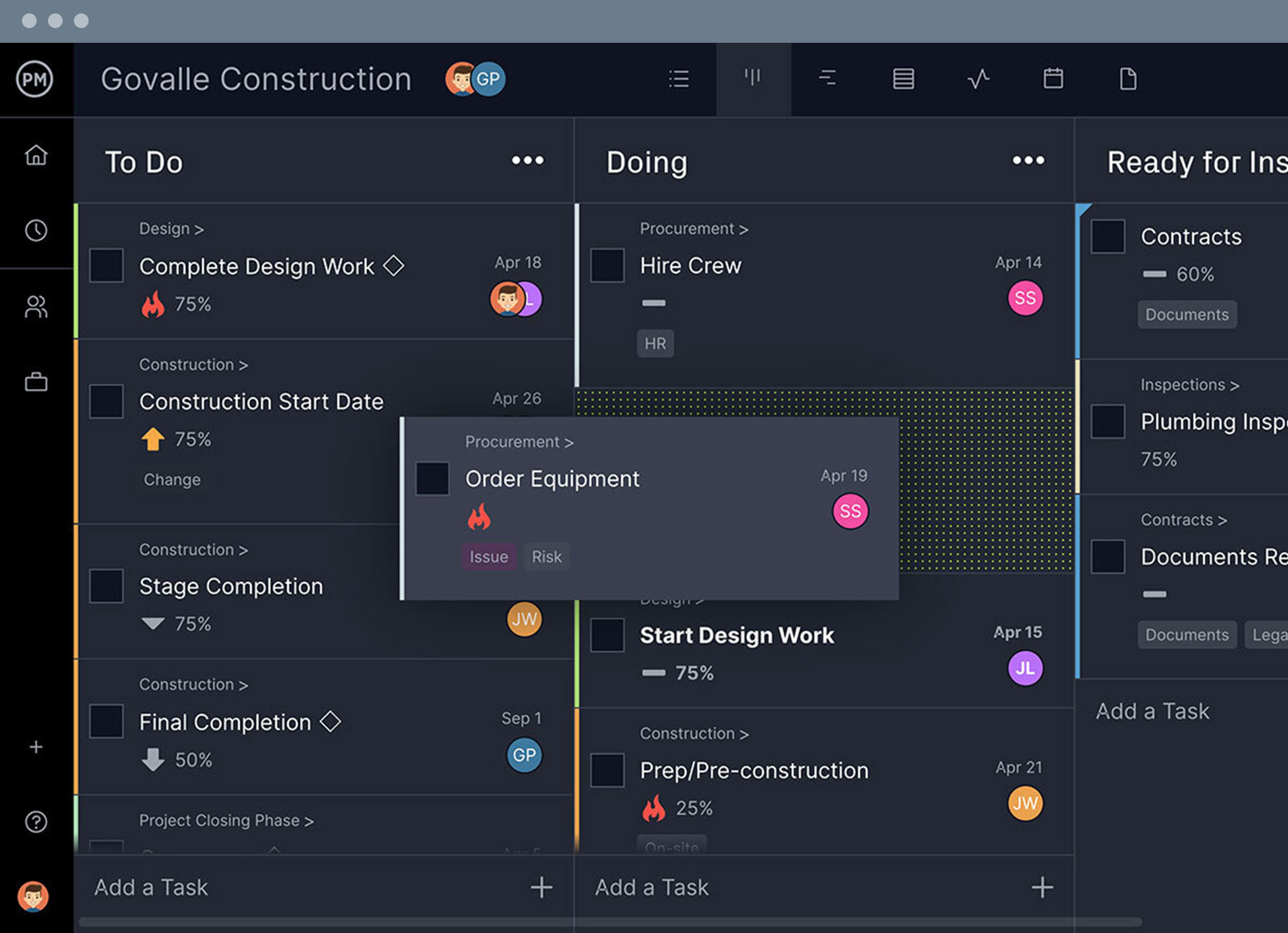 ProjectManager kanban software showing construction project tasks