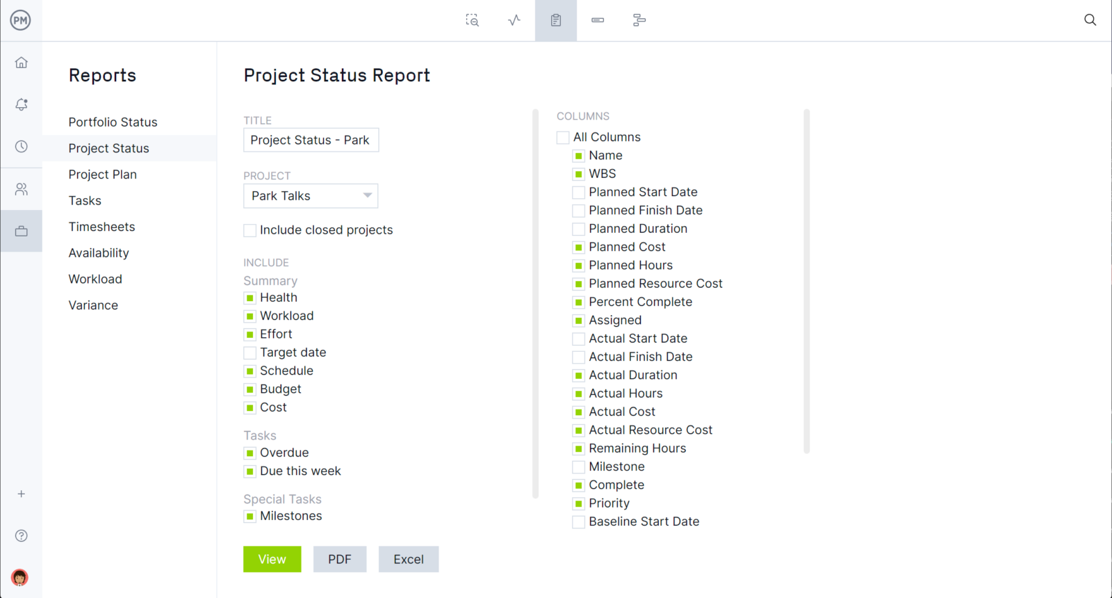 ProjectManager's status report filter 