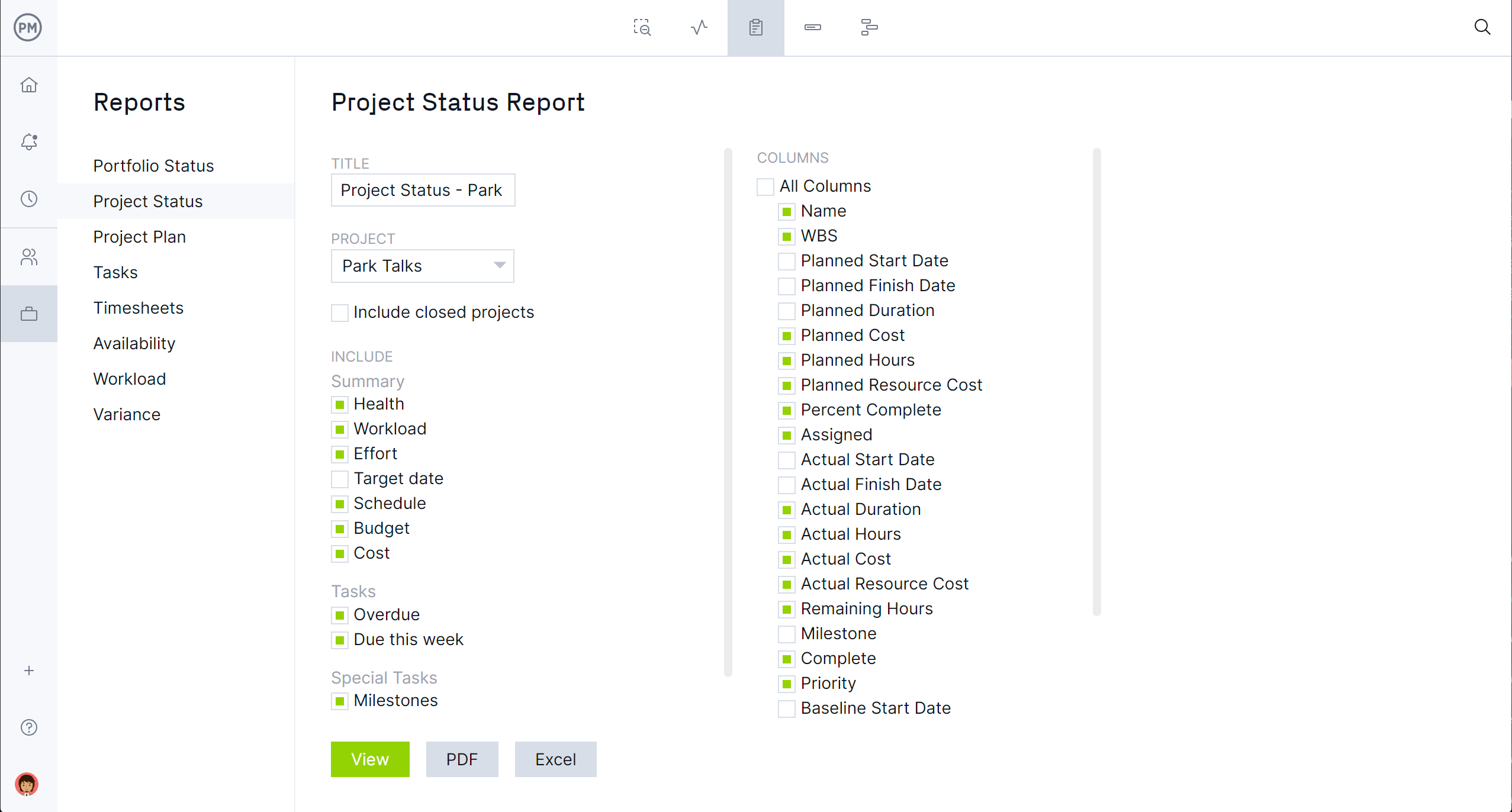 ProjectManager's status report filter