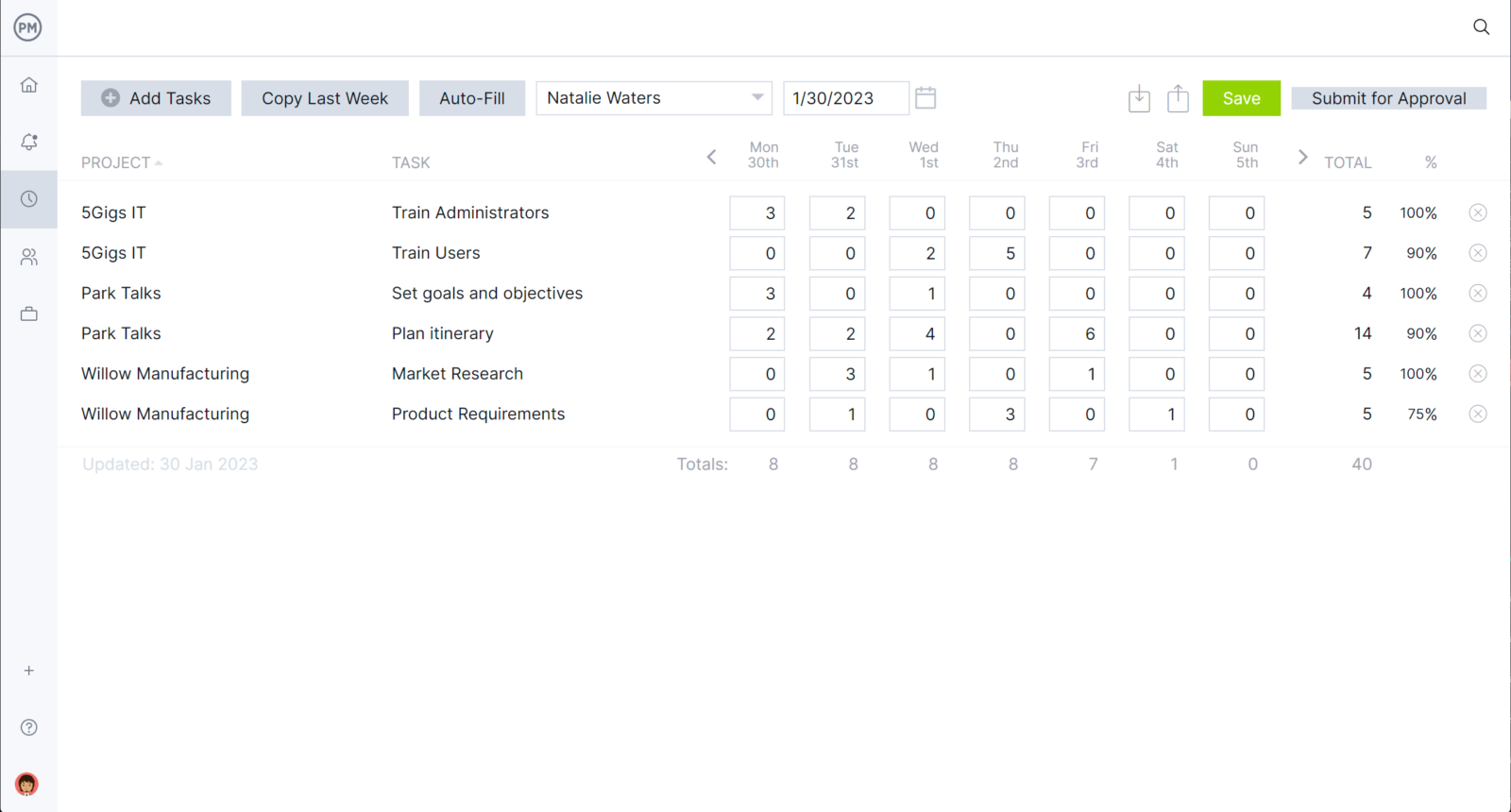 Timesheet in ProjectManager