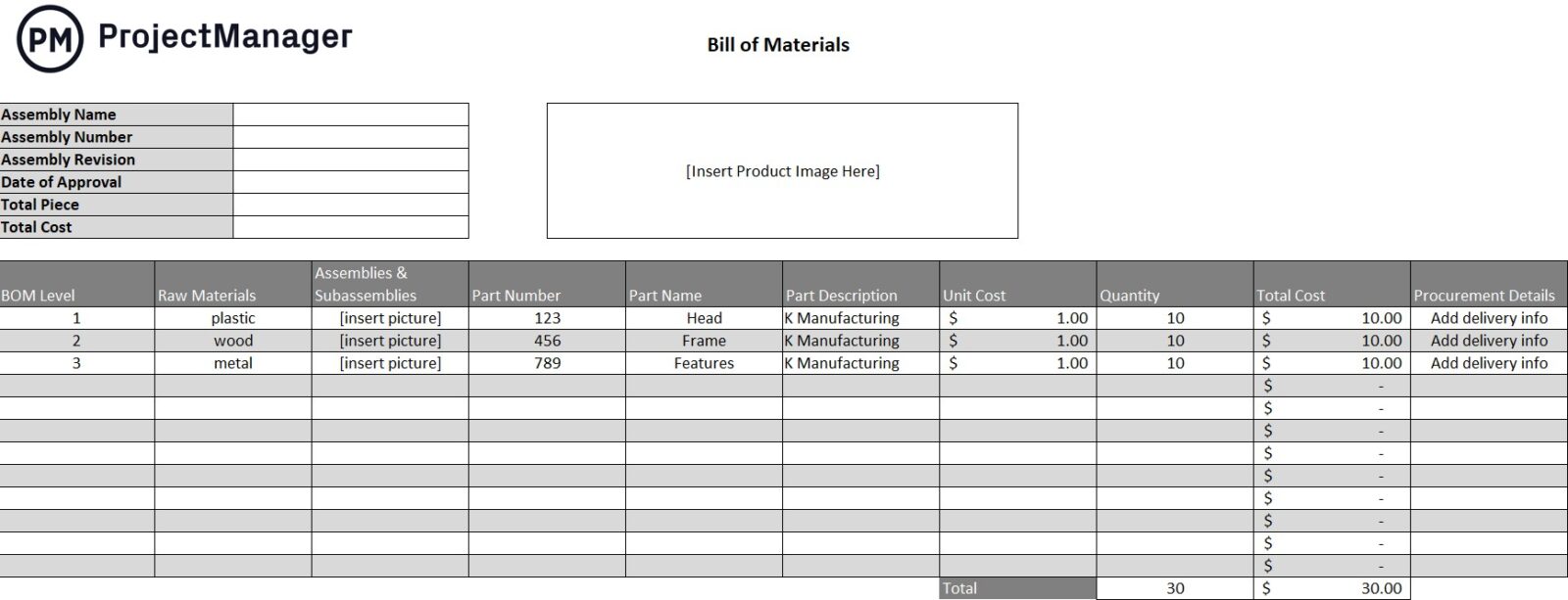 bill of materials manufacturing template