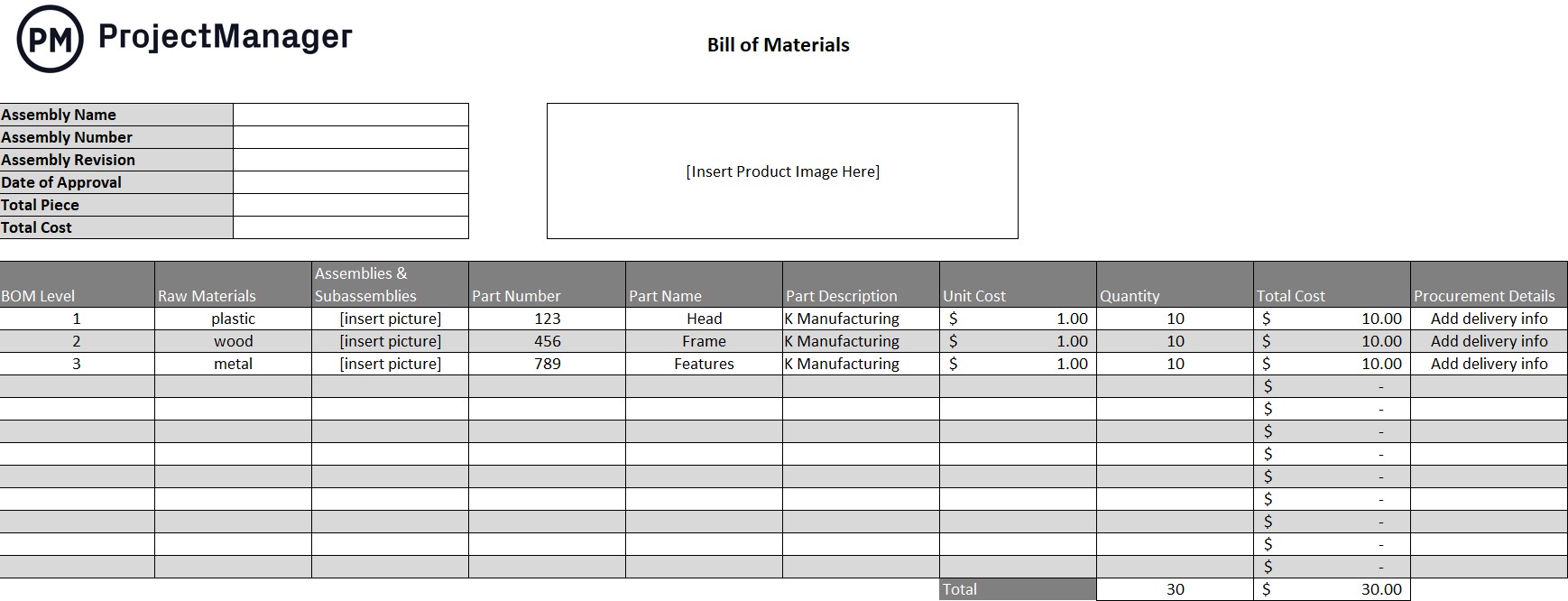 Free bill of materials template for Excel