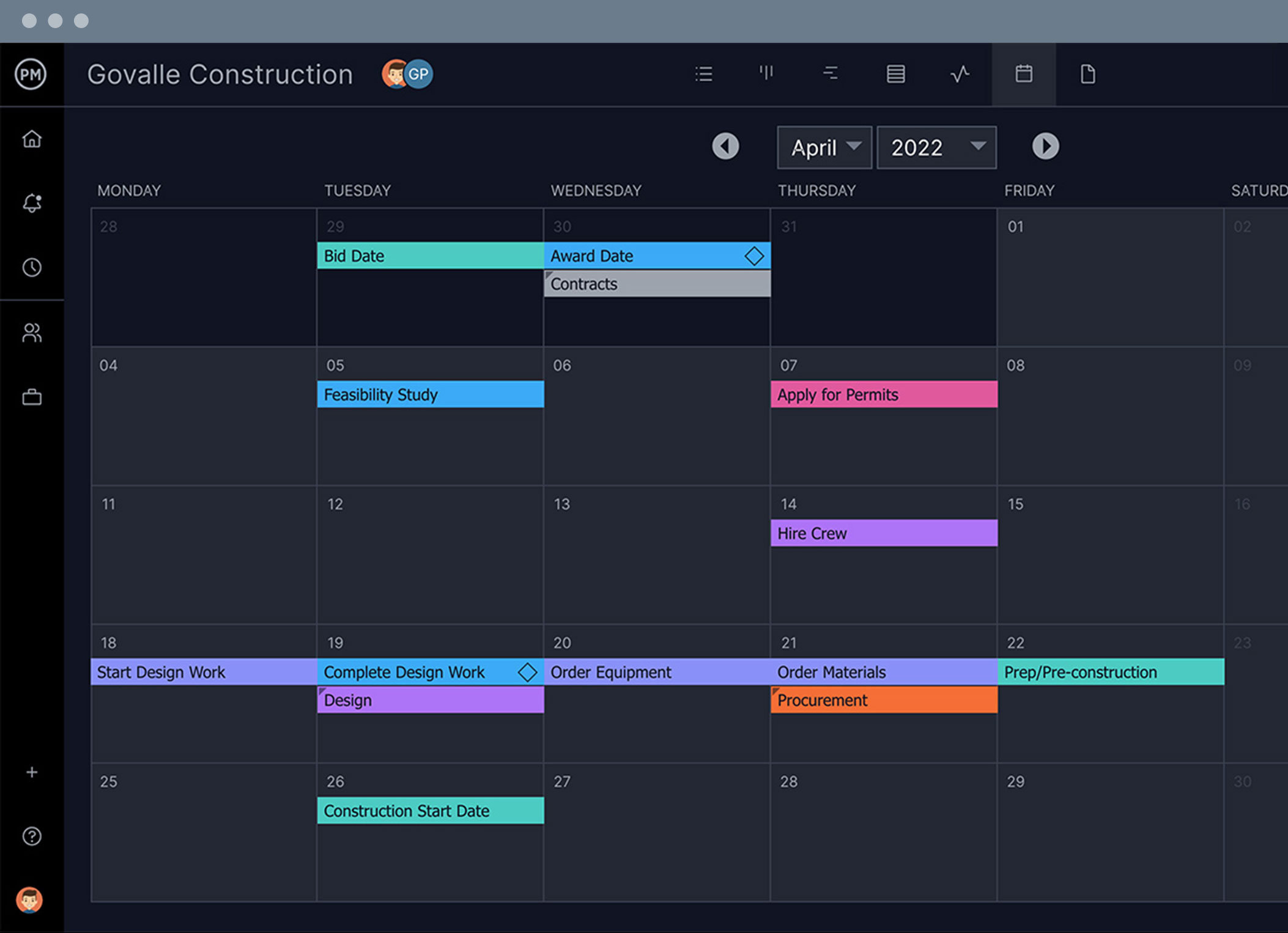 Screenshot of a calendar in project scheduling software
