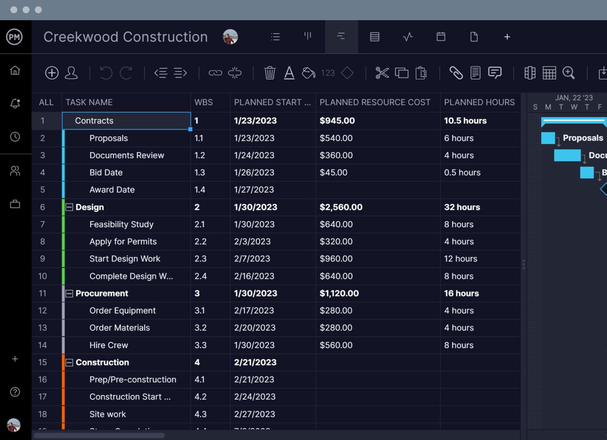 Waterfall software with Gantt chart