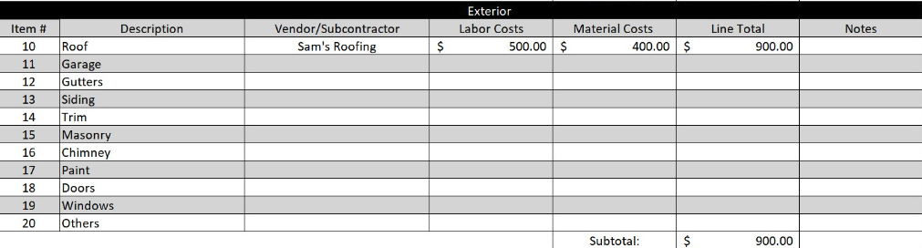 Exterior section of ProjectManager's free contractor estimate template for Excel.