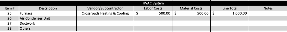 HVAC system section of ProjectManager's free contractor estimate template for Excel.