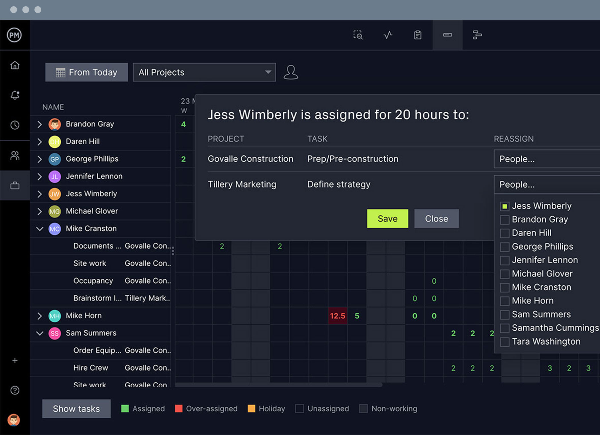 Project time management software with resource management features