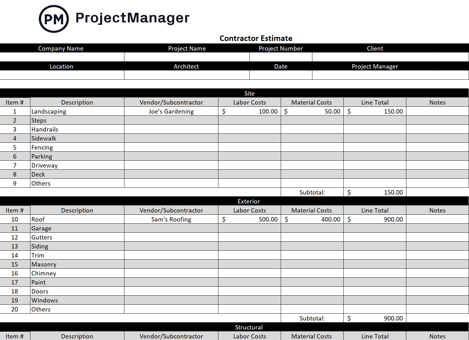 ProjectManager's construction estimate template 