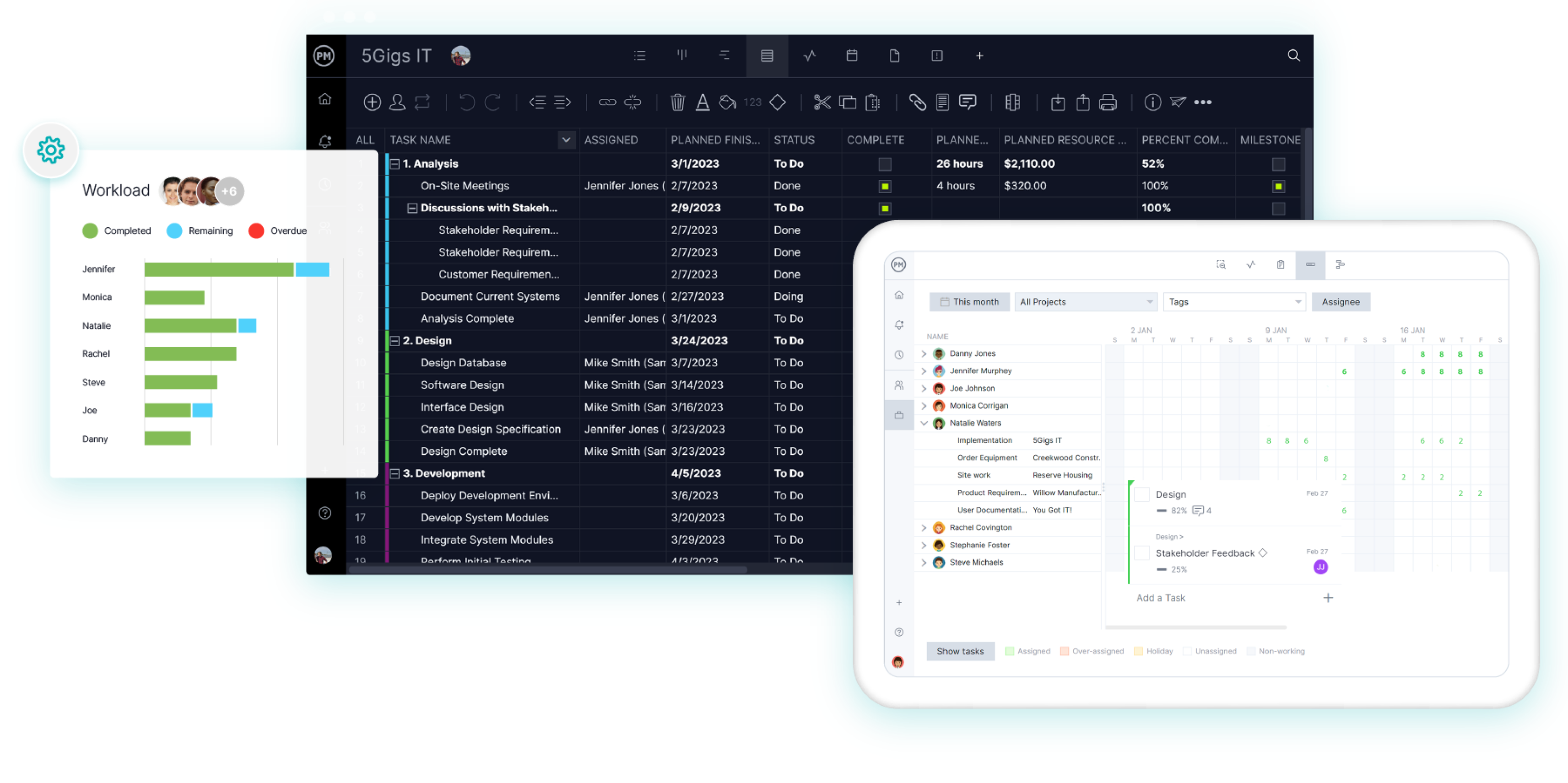 IT project management software with a spreadsheet, resource schedule and workload graph
