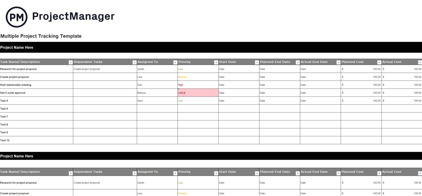 Multiple project tracking template for Excel