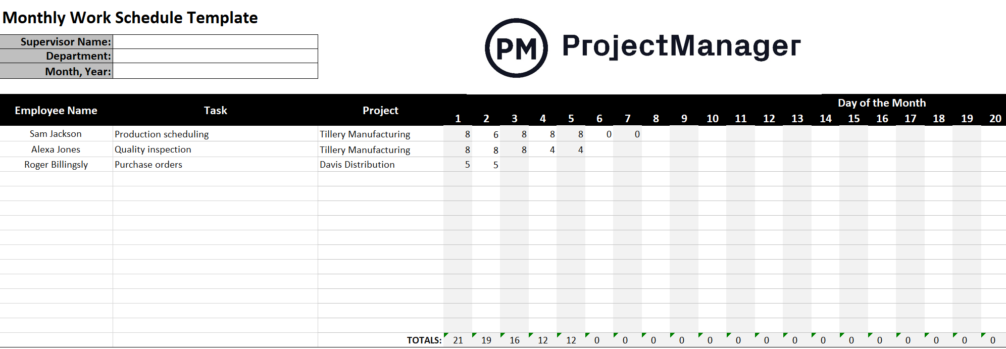 ProjectManager's free monthly work schedule template for Excel