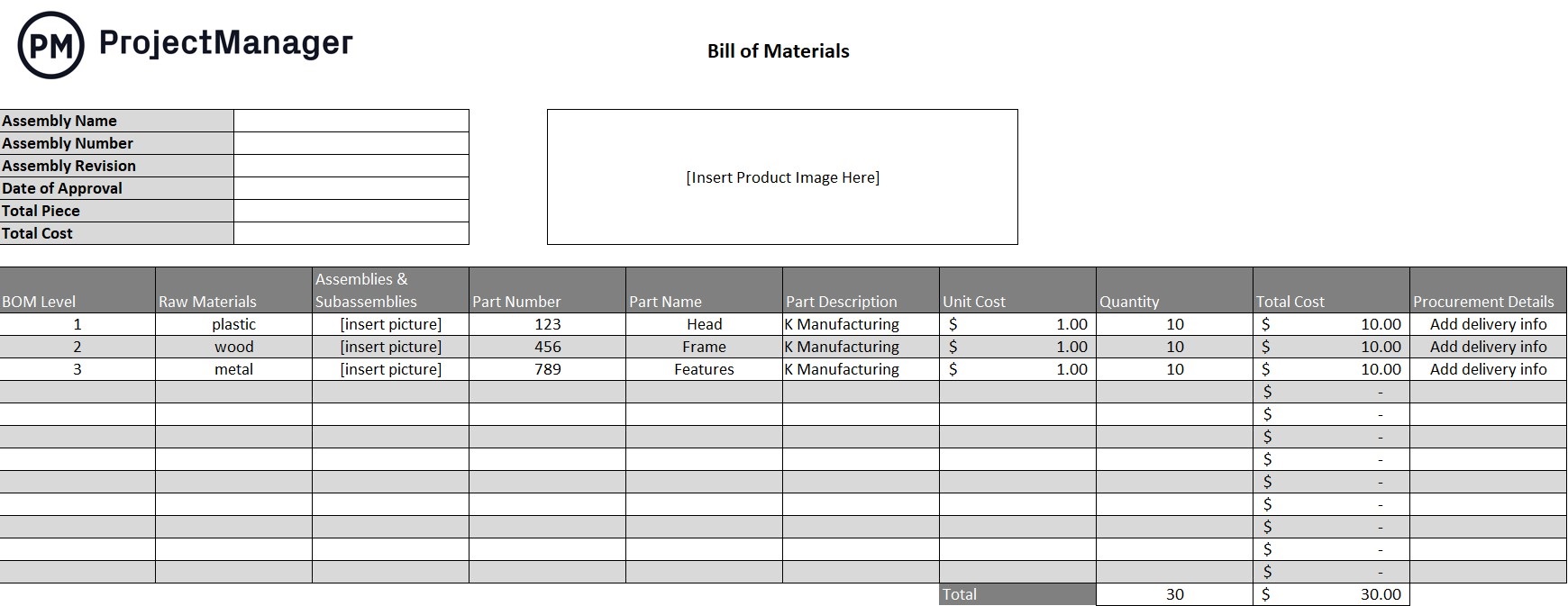 ProjectManager's bill of materials template