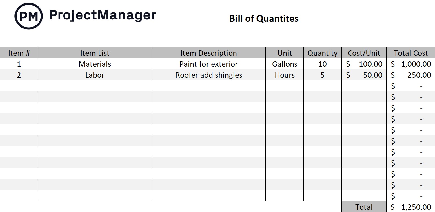 Bill of quantities template for Excel
