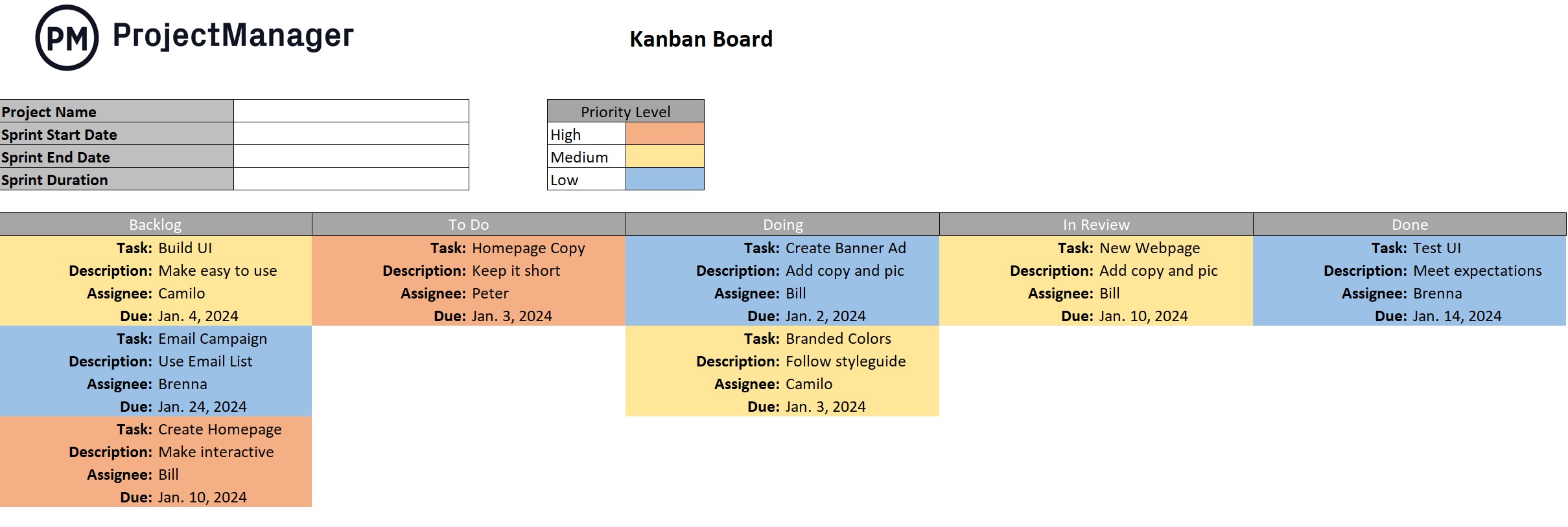 ProjectManager's kanban board template for Excel.
