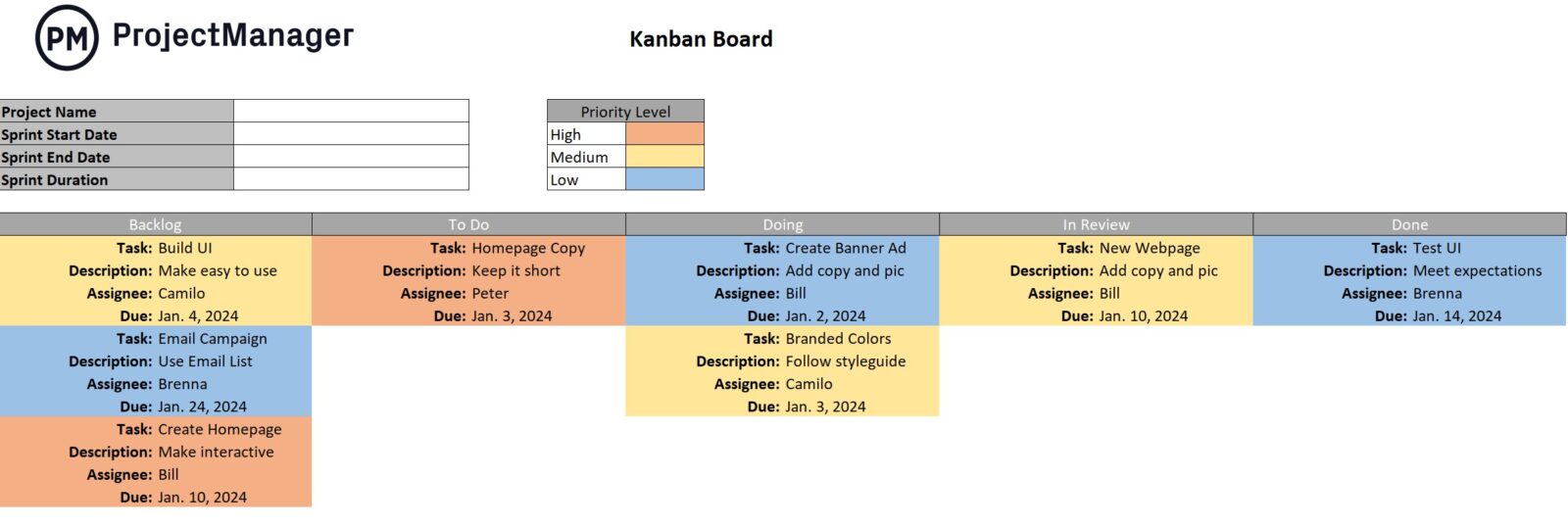 kanban board template for Excel