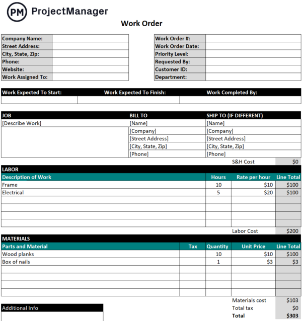 Free Work order form template for Excel