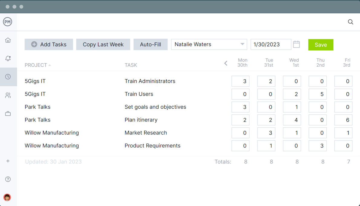 ProjectManager timesheet feature with task hours logged