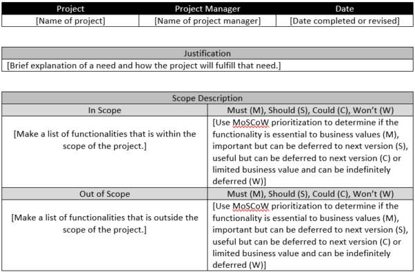 Project scope statement example showing general information of a project