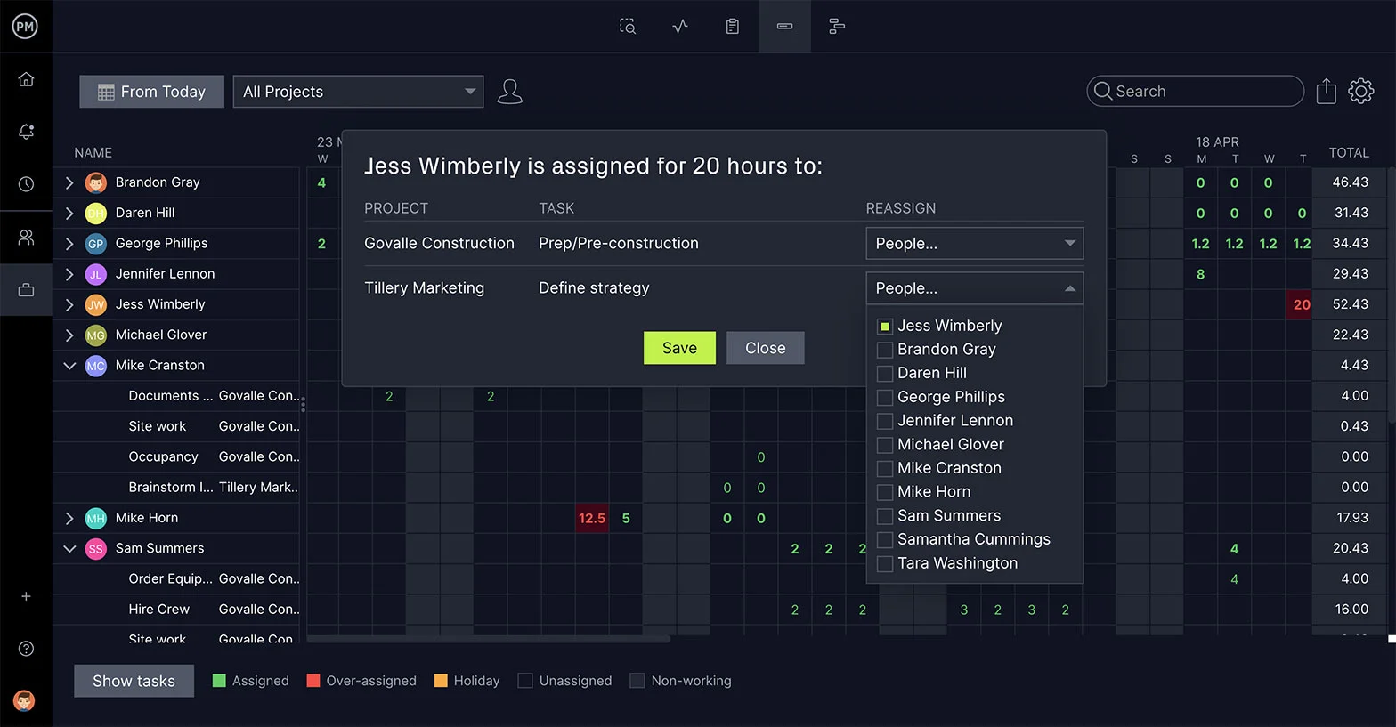 ProjectManager's timesheet with assignment popup