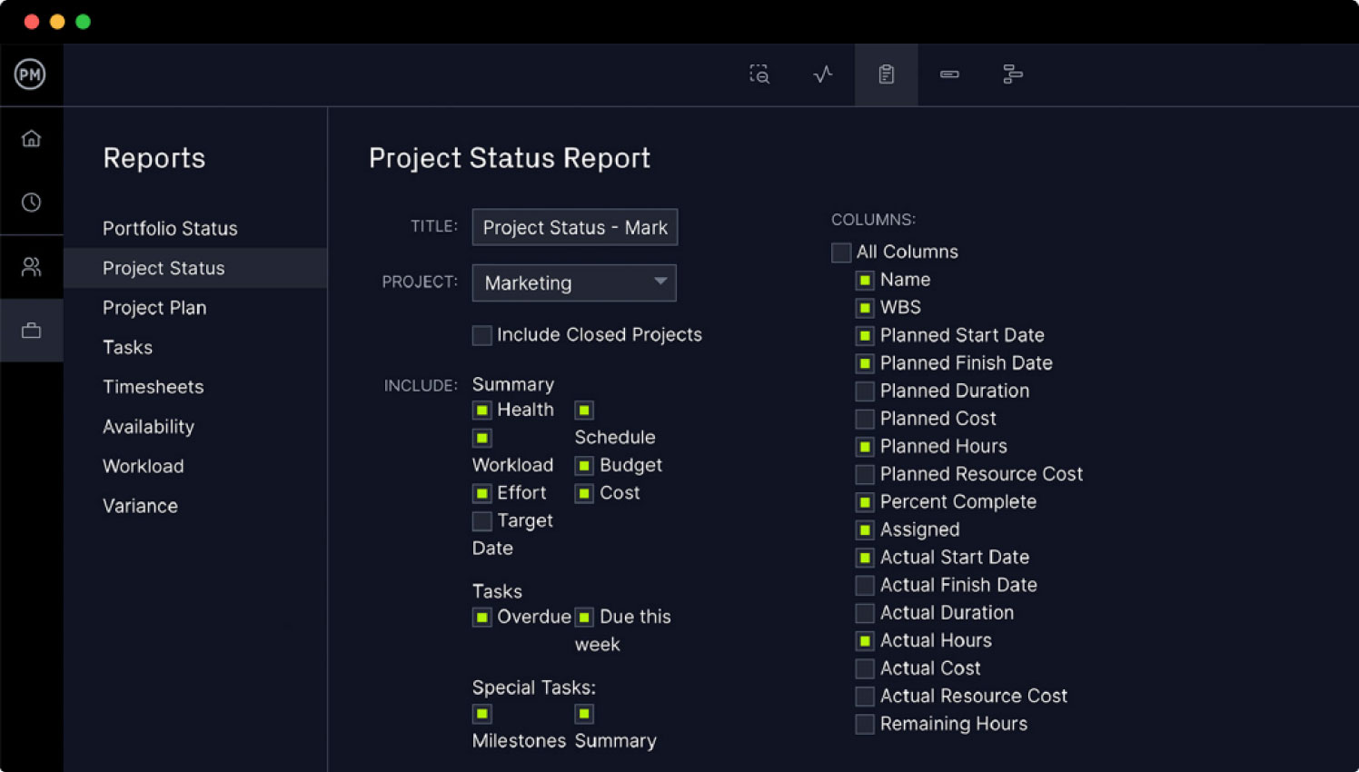 ProjectManager's status report view