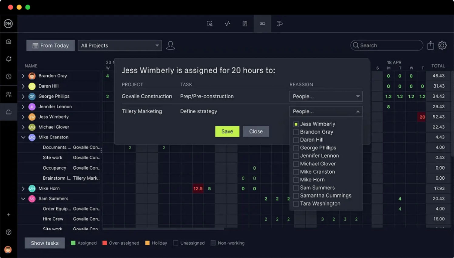 ProjectManager's resource management view